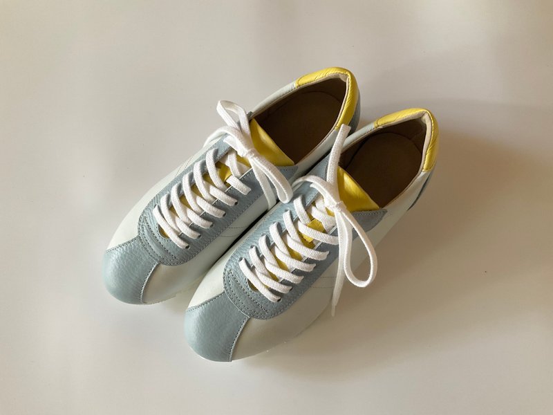 粉彩色调蓝 × 柠檬黄复古运动鞋 | 皮革 × 春日色彩材质 - 女款休闲鞋 - 真皮 白色