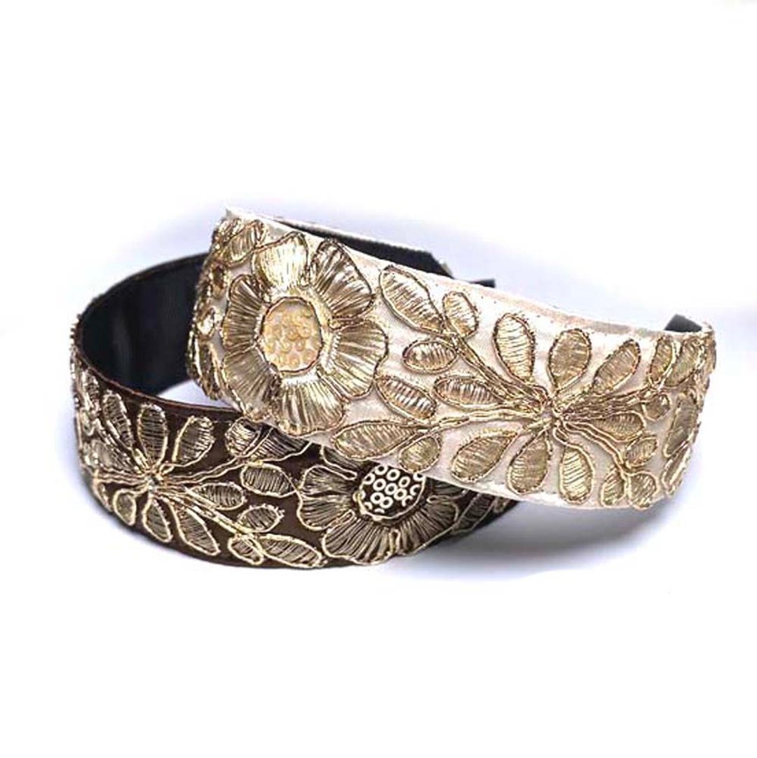 Painless Headband Embroidered Ribbon Hair Accessory Easy Wide Luxurious UHR-284 Diamond Pattern - 发饰 - 绣线 金色