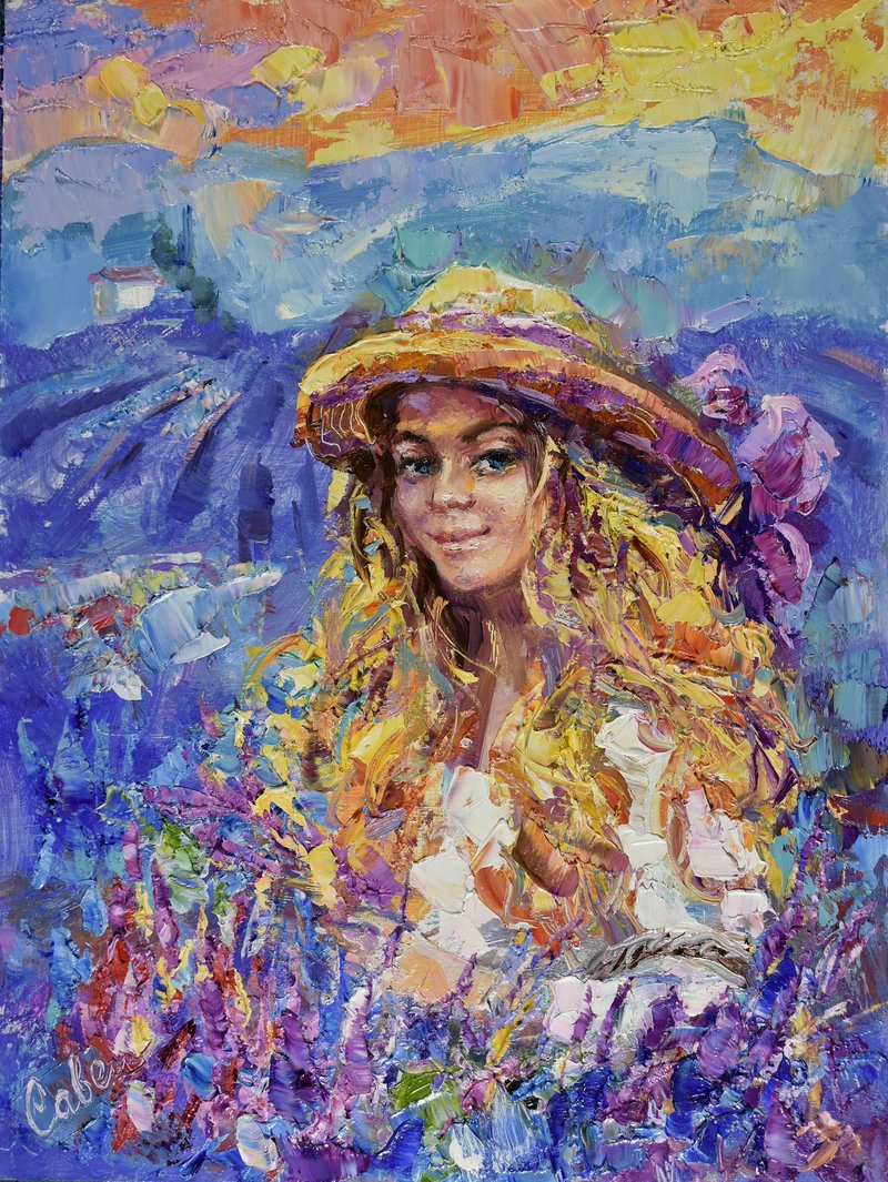 一个女人的肖像 Girl Painting 油畫原作 Original Painting Portrait Woman Artwork Hat Sunset - 海报/装饰画/版画 - 木头 多色