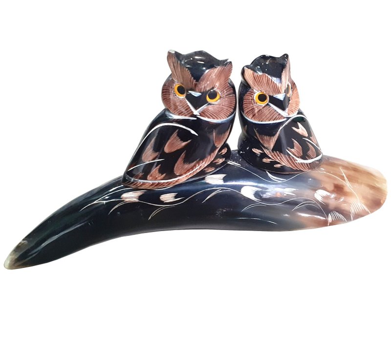 独特的手工雕刻水牛角猫头鹰雕像、家居装饰、送给猫头鹰爱好者的礼物 - 玩偶/公仔 - 其他材质 黑色