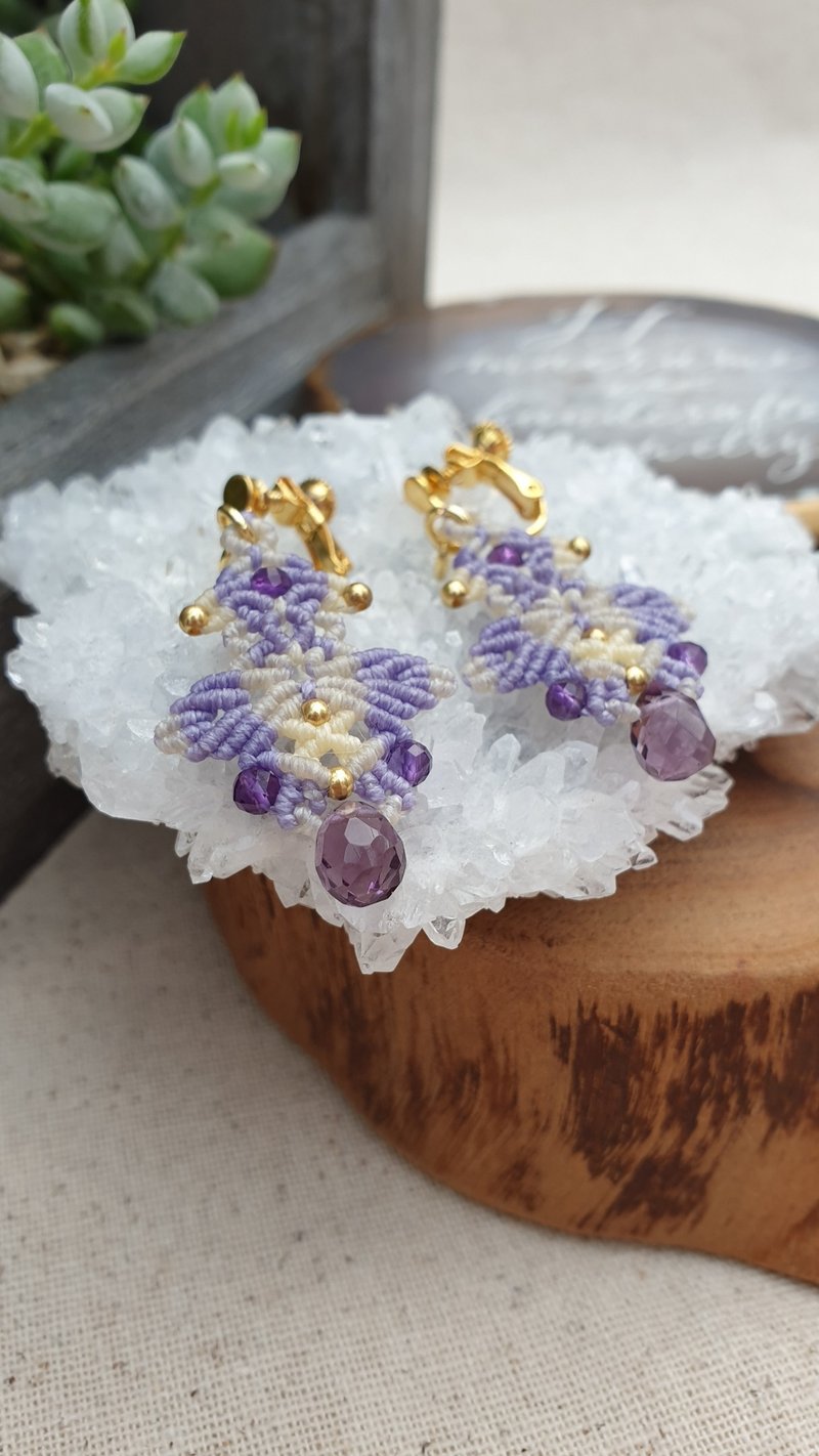 AM03切面紫水晶夹式南美蜡线编织耳环 - 耳环/耳夹 - 其他材质 紫色