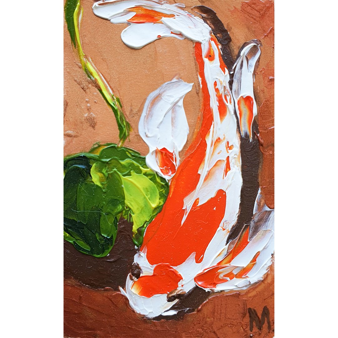 Koi Fish Painting Original Art Japanese Carp Artwork Feng Shui Wall Art Small - 海报/装饰画/版画 - 其他材质 红色