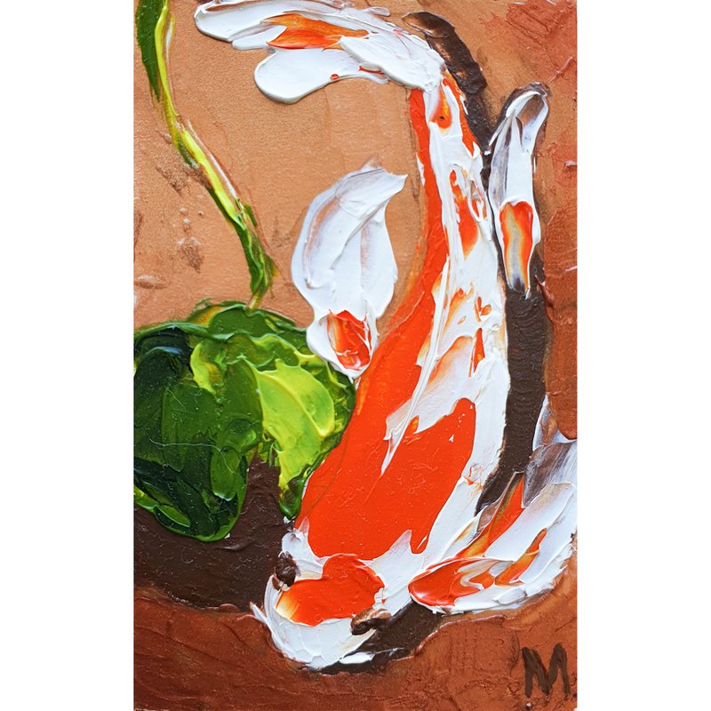 Koi Fish Painting Original Art Japanese Carp Artwork Feng Shui Wall Art Small - 海报/装饰画/版画 - 其他材质 红色