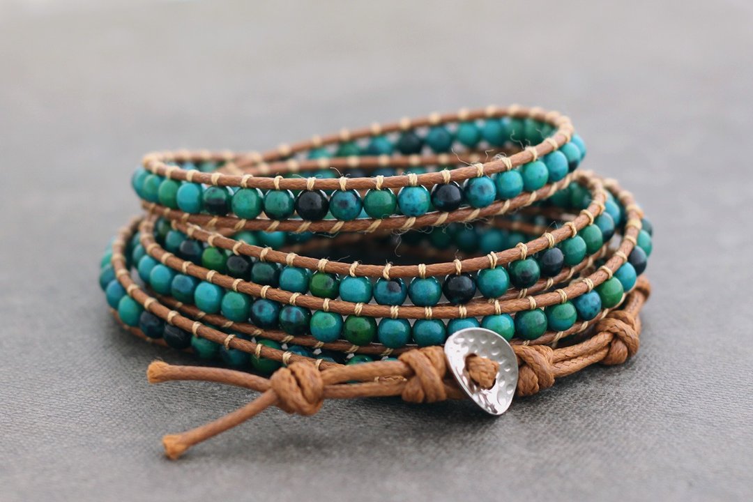 Chrysocolla 5x Rust Brown Wrap手链Stone Boho Hippy中性 - 手链/手环 - 石头 绿色