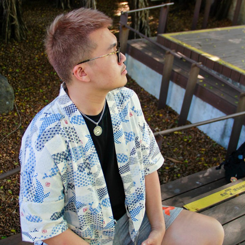 日式外套-青海波鲸鱼(白) - 男装外套 - 棉．麻 白色