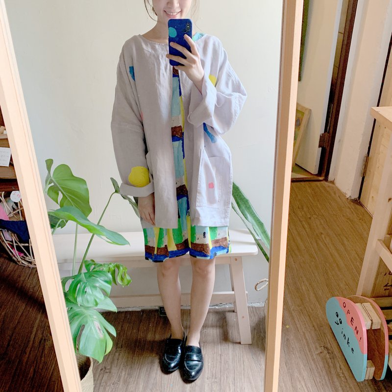 最后一件现货 蓝天、太阳、草地、小狗小猫美丽印花口袋洋装 - 洋装/连衣裙 - 棉．麻 绿色