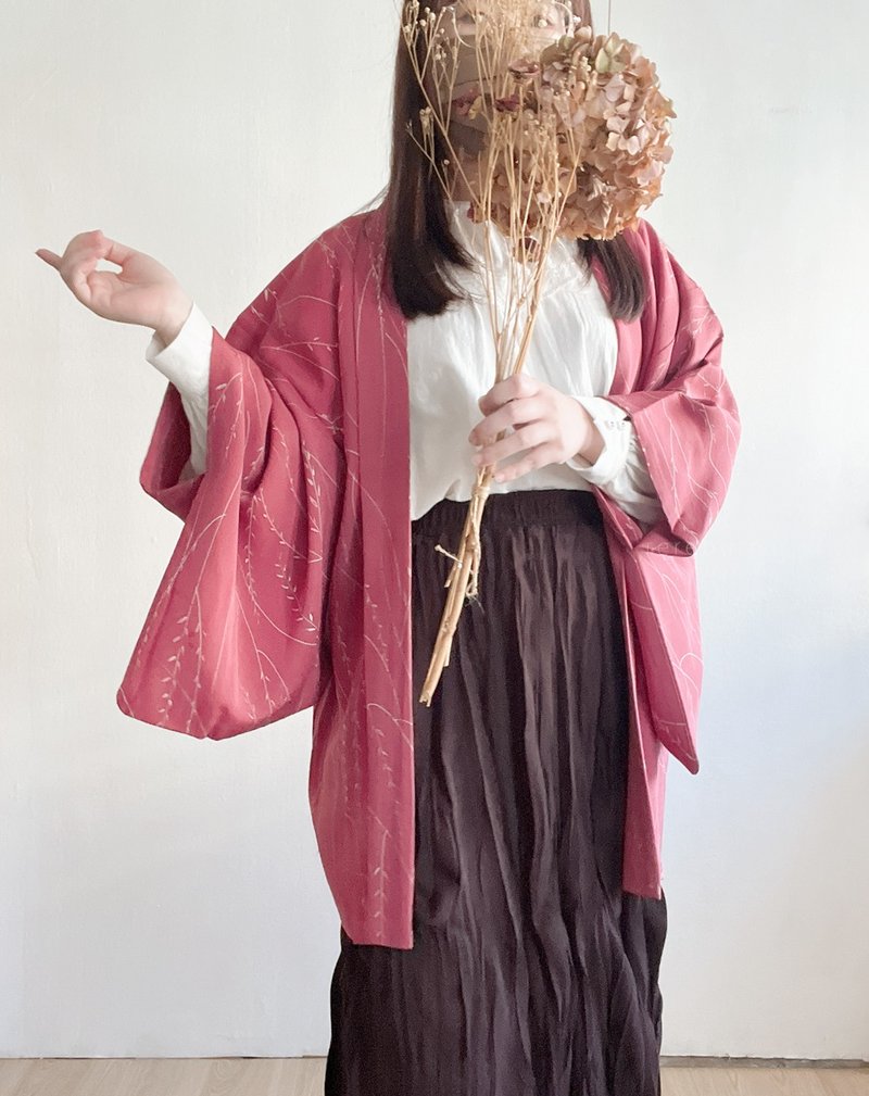 日本制和风桃红色印花古着羽织和服外套 - 女装休闲/机能外套 - 聚酯纤维 红色
