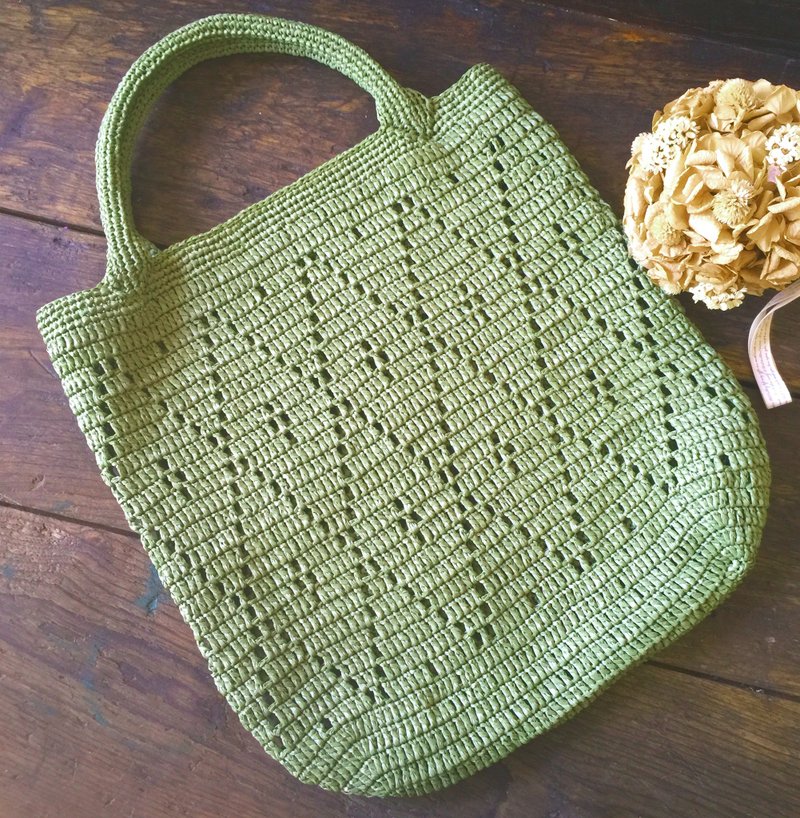 友情与爱情的虚线购物提袋/编织包/纸拉菲草藤包/购物袋​〖跳房子疯手作〗 - 手提包/手提袋 - 纸 绿色