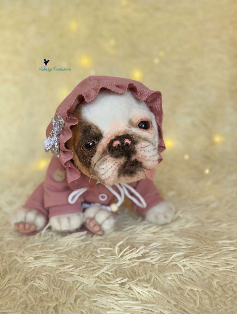 灰色法国斗牛犬逼真的玩具小狗 - 玩偶/公仔 - 聚酯纤维 白色