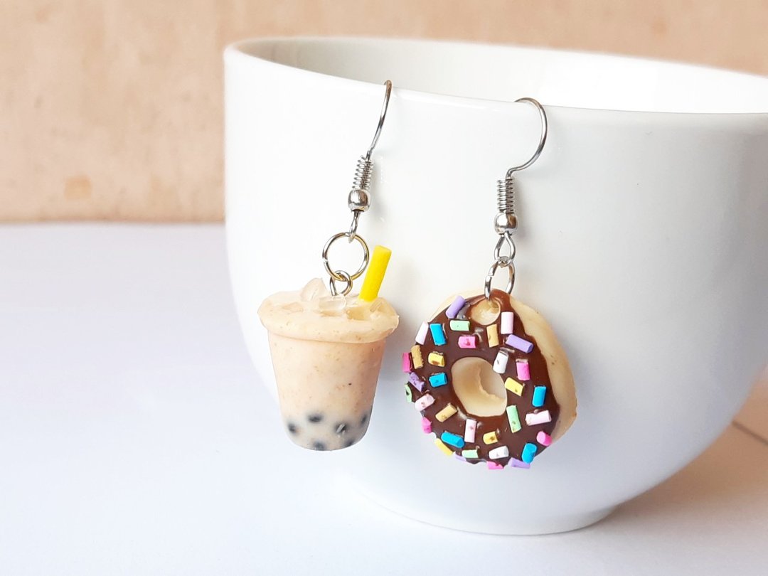 Bubble milk tea + donut chocolate  earring  - 发饰 - 贵金属 咖啡色