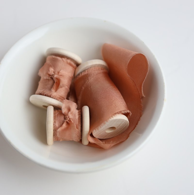 Terracotta Silk Ribbon / Hand Dyed Silk Ribbon on Wooden Spool - 包装材料 - 丝．绢 咖啡色