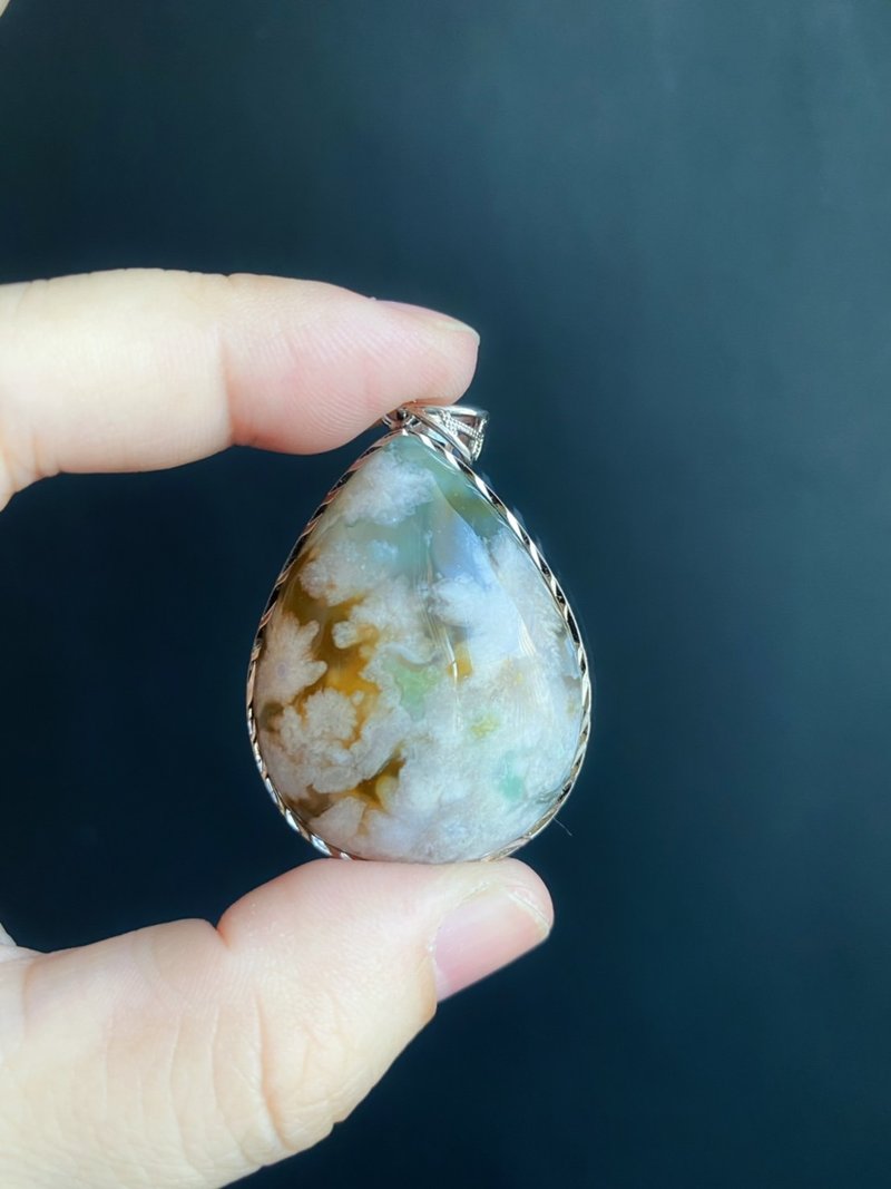 樱花玛瑙 水中花 带透 黄加绿 碎花 S925银镶 天然石 项链 - 项链 - 水晶 多色