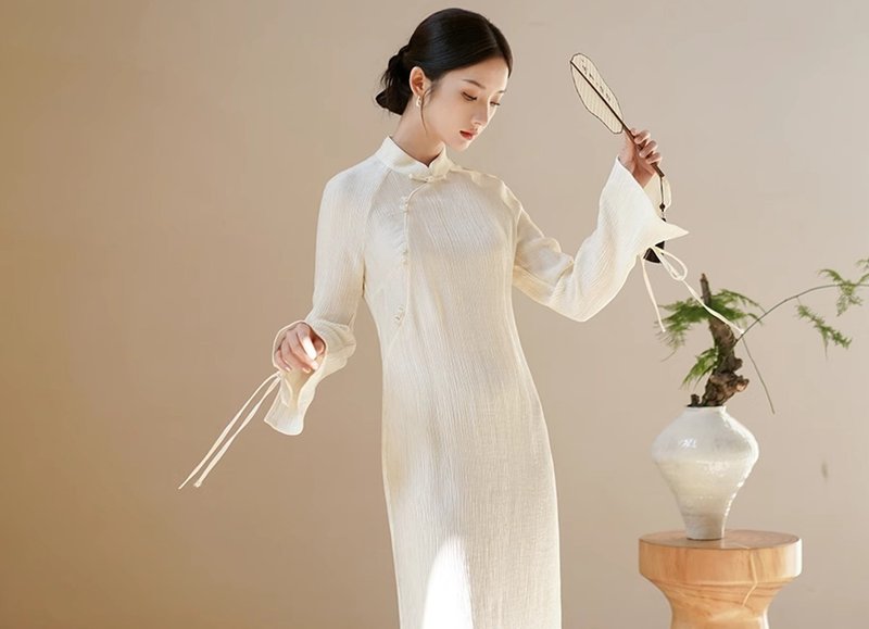 新中式中国风 复古立领肌理感茶服改良旗袍洋装 - 洋装/连衣裙 - 丝．绢 白色