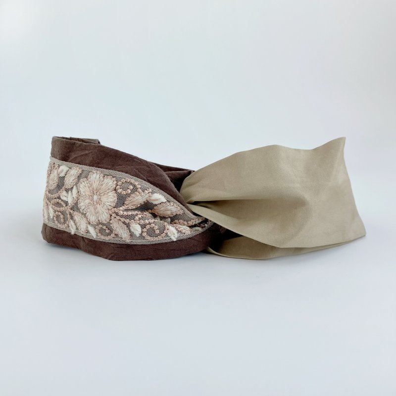 日本刺绣缎带 简约奶茶色繁花 日本布 交叉发带 大地色 日常 - 发带/发箍 - 棉．麻 咖啡色