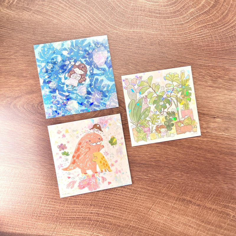suyu插画-闪亮方形小卡/双面明信片 小女孩 兔子麻糬 小恐龙 - 卡片/明信片 - 纸 