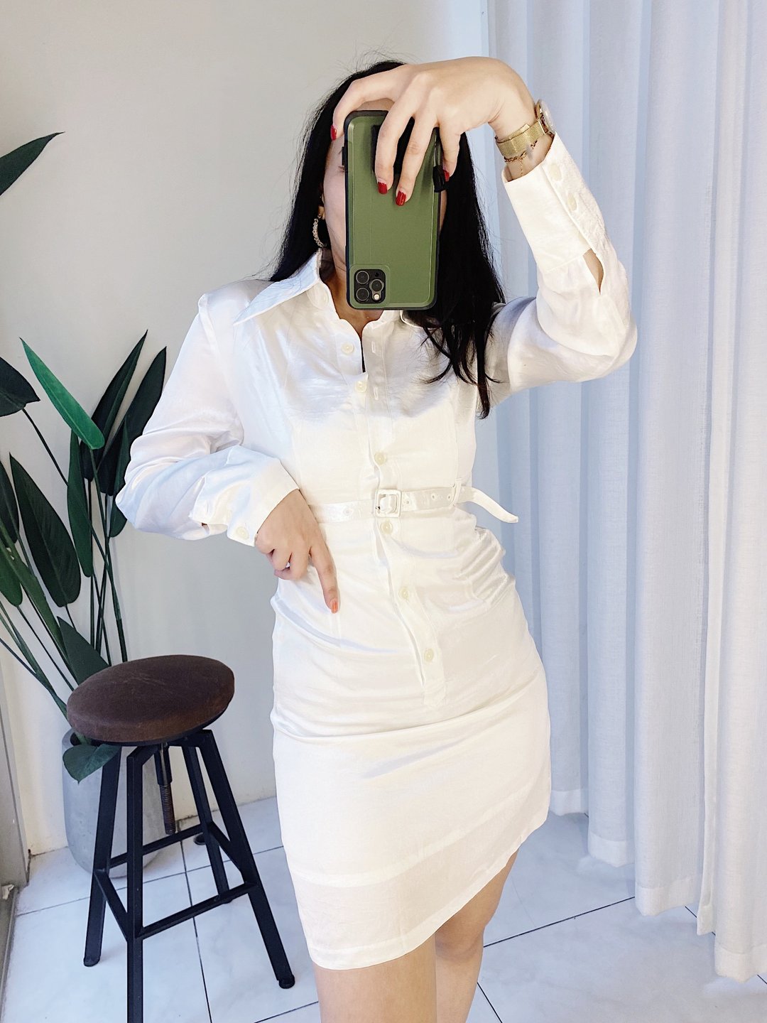 纯白光泽丝滑缎面合身腰带 古着洋装连衣裙连身裙 vintage dress - 洋装/连衣裙 - 聚酯纤维 白色