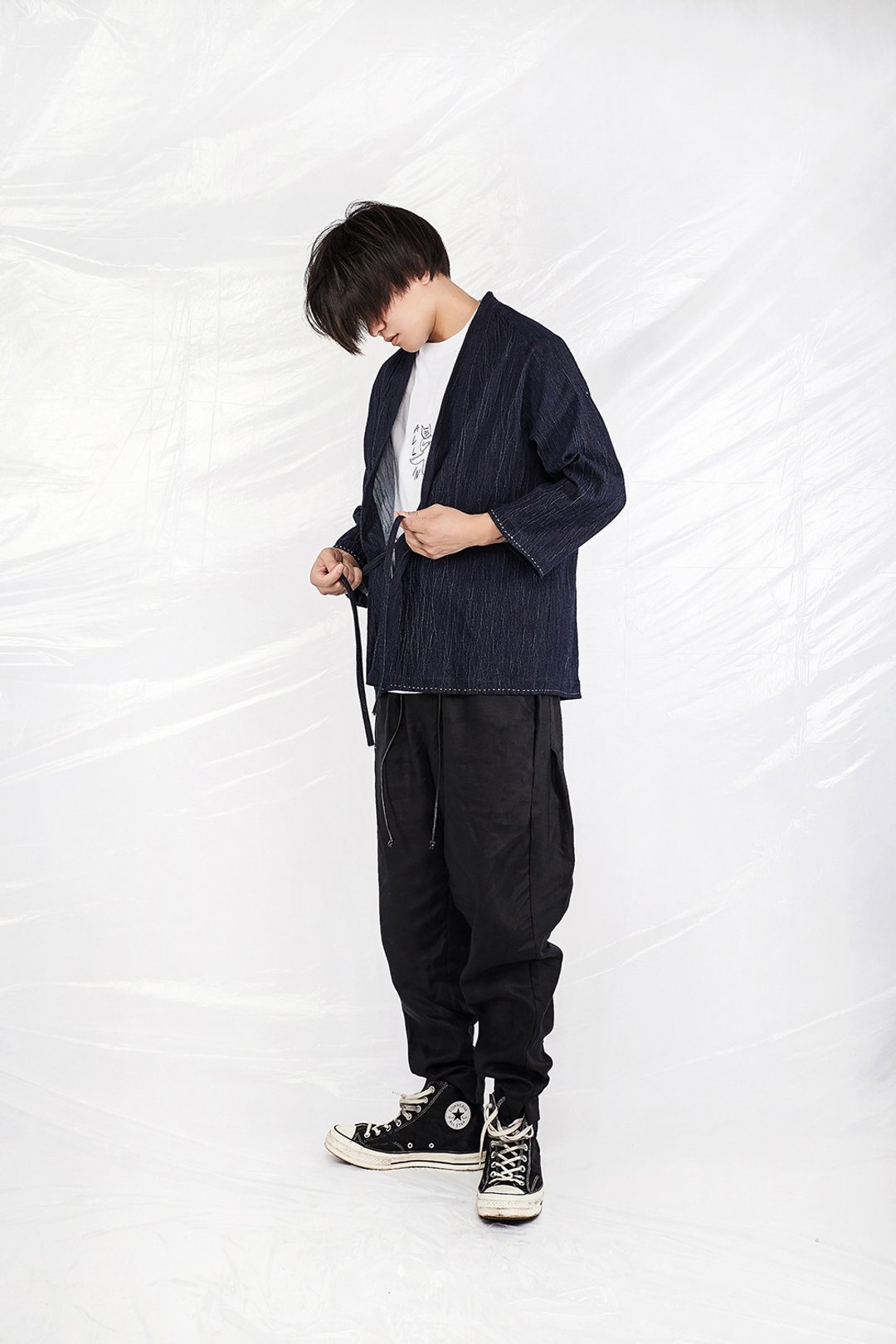 JANWONG 19新款褶皱棉麻KIMONO和服7分袖道袍夹克外套 - 男装外套 - 棉 蓝色