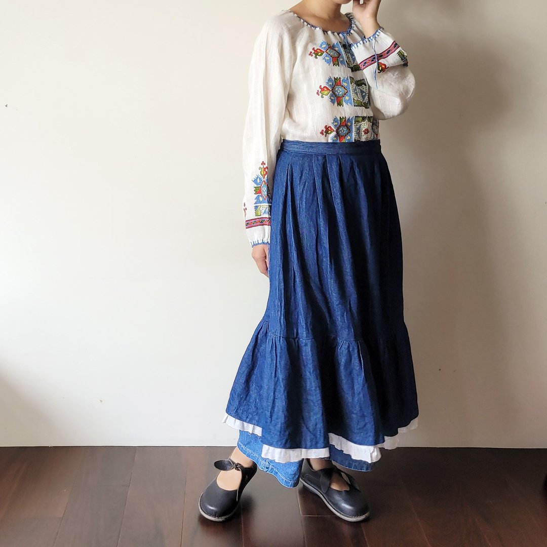 BajuTua/古着/ 欧洲古典暗蓝 蕾丝蛋糕裙 - 裙子 - 棉 蓝色