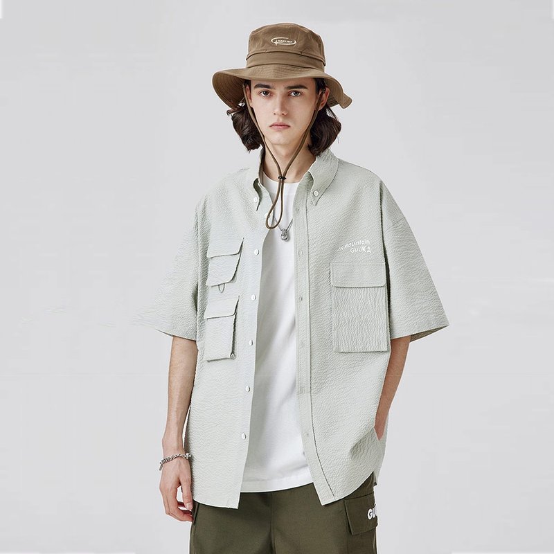 浅绿色短袖衬衫男纯棉夏季肌理感衬衣 - 男装衬衫 - 棉．麻 绿色