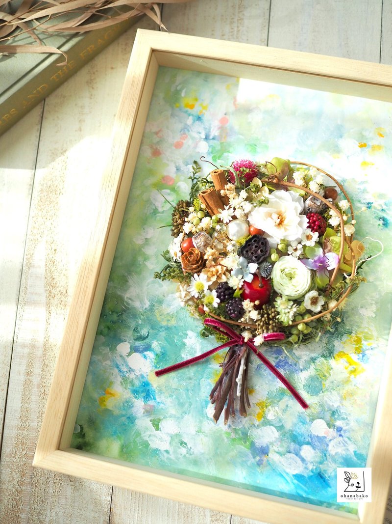 [特殊场合、生日、沙龙装饰] 永生花、干燥花、水彩画、混合媒介花痴框、森林花束、A4尺寸 - 干燥花/捧花 - 植物．花 绿色