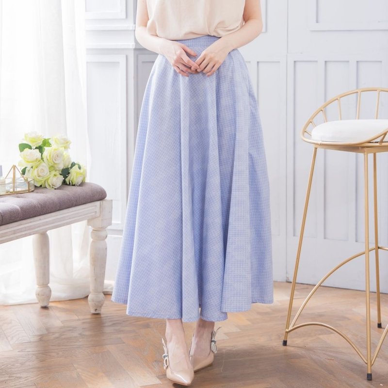 简约百搭纯棉格纹口袋A字裙   蓝 - 裙子 - 棉．麻 蓝色