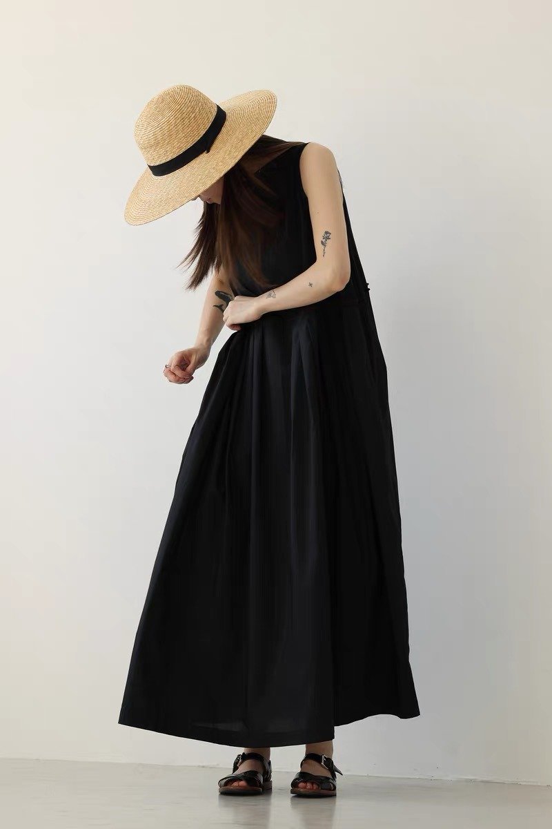 3rd 日产进口有机棉红线百褶背心裙 sleeveless dress - 洋装/连衣裙 - 棉．麻 黑色