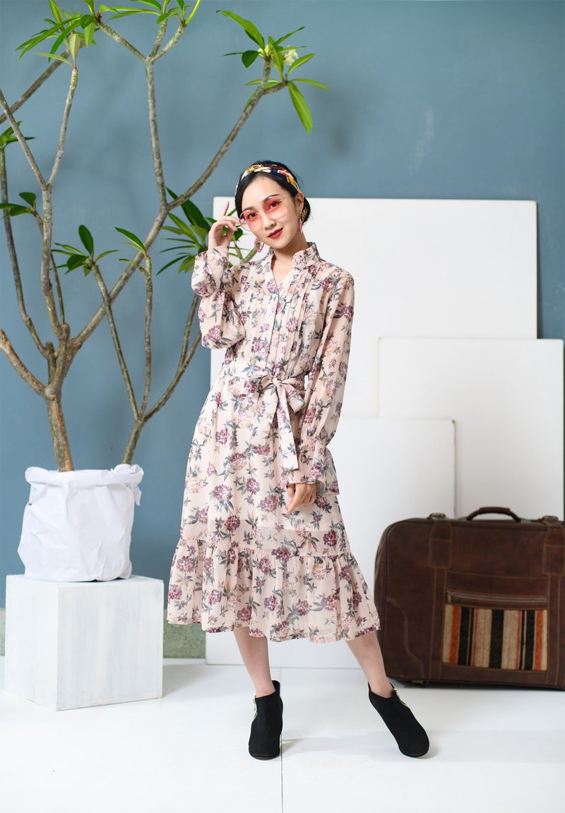 夏季的鸟语花香长袖洋装Summer Floral Dress - 洋装/连衣裙 - 聚酯纤维 粉红色