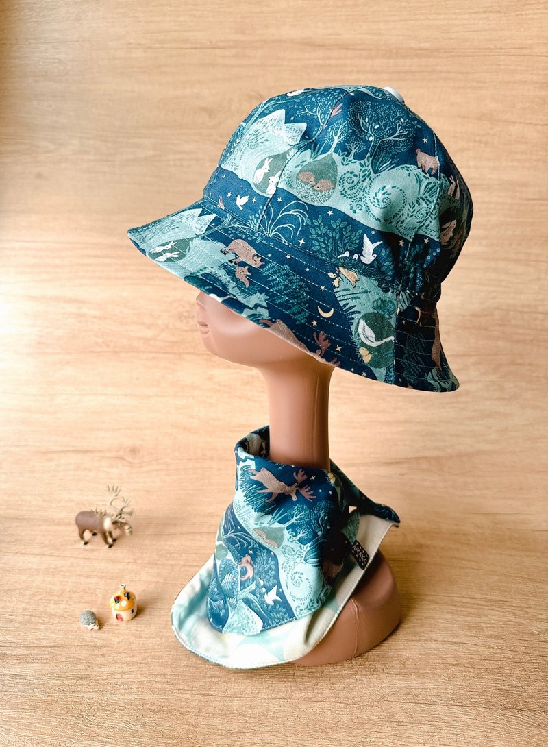 -RARAKO乐子手创-弥月礼收涎礼 宝宝围兜+遮阳帽礼盒-森林童话 - 满月礼盒 - 棉．麻 蓝色