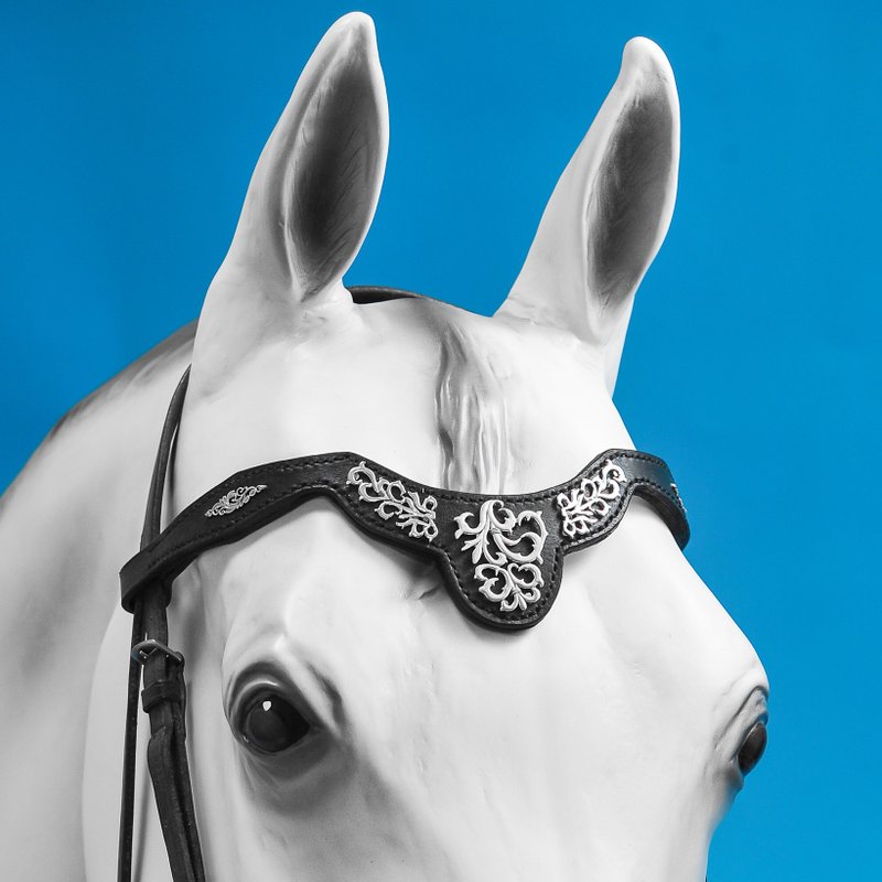 Browband for horses Handmade pony draft brow band Black horse tack Custom size - 其他 - 真皮 银色