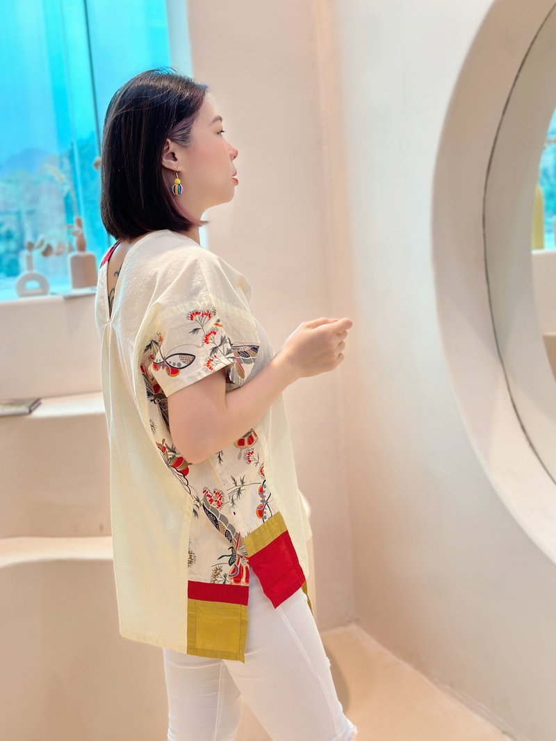 长版自由风格不对称拼接古典花蝴蝶撞色四角衣四方衣 - 洋装/连衣裙 - 棉．麻 黄色