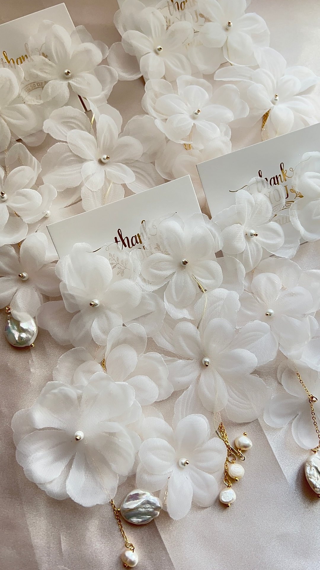 Wedding Wedding Bridal Large Earrings Chiffon Organza White Freshwater Pearl Chain - 耳环/耳夹 - 棉．麻 白色