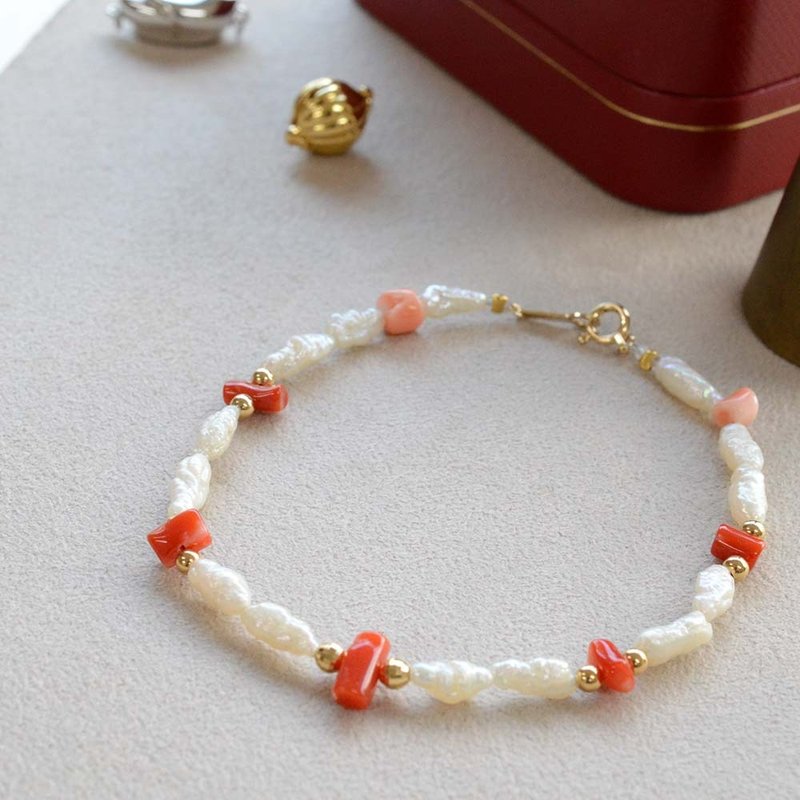 18K 红珊瑚手链 巴洛克珍珠 日本制 - 手链/手环 - 宝石 