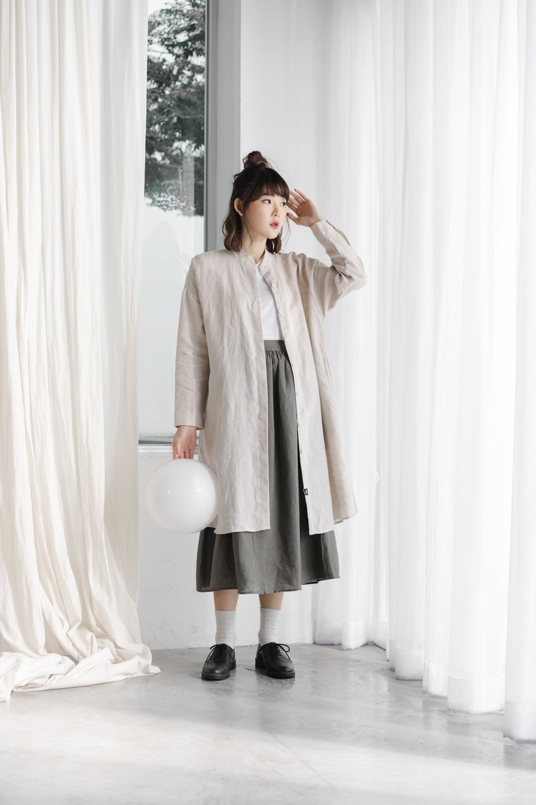 Linen Mandarin Collar Long Sleeve Dress and Tunic - Natural - 洋装/连衣裙 - 亚麻 卡其色