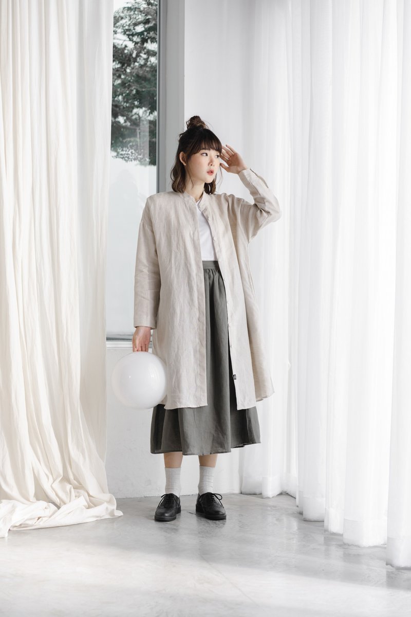 Linen Mandarin Collar Long Sleeve Dress and Tunic - Natural - 洋装/连衣裙 - 亚麻 卡其色