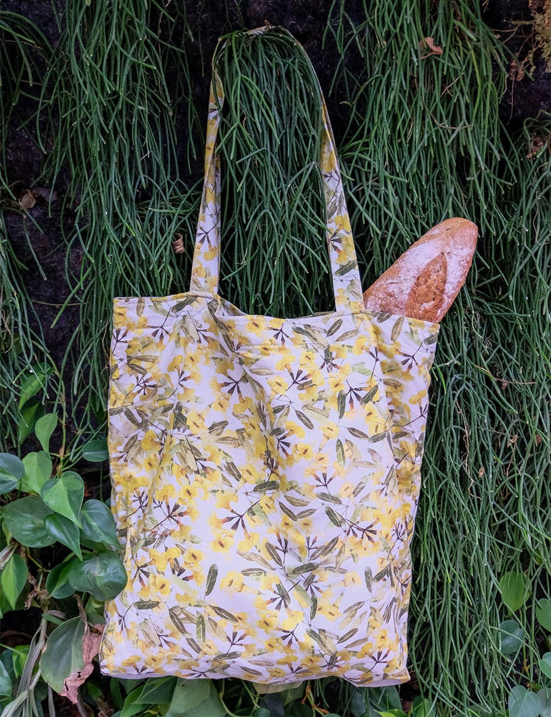 Hand made tote bag with Silver trumpet tree printed-limited edition - 帽子 - 棉．麻 黄色