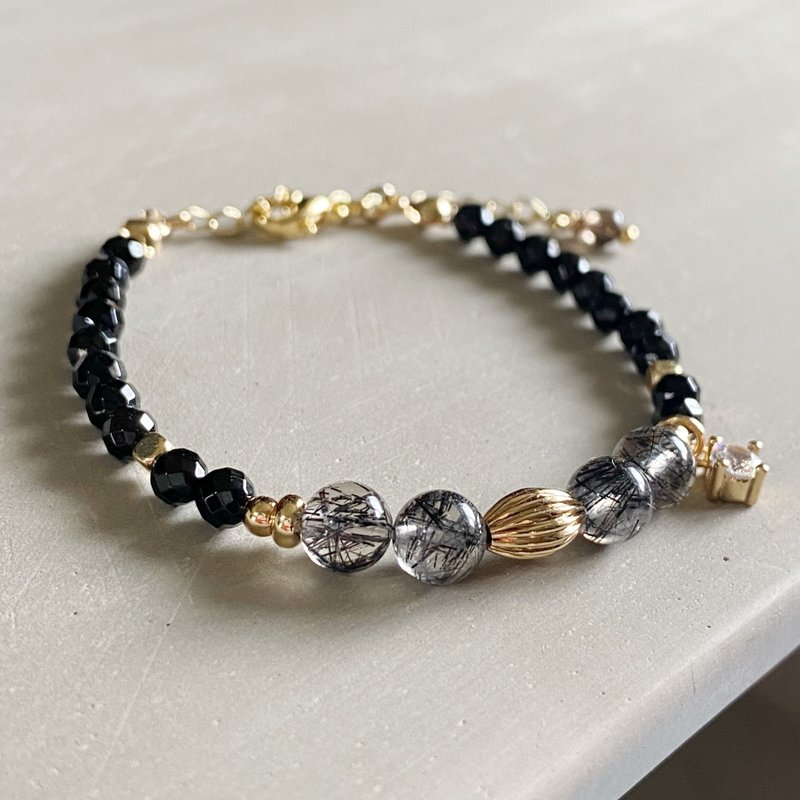 永恒守护 14k包金锆石单钻吊饰黑发晶黑曜石手链手链 J.Y.L邻手作 - 手链/手环 - 水晶 黑色