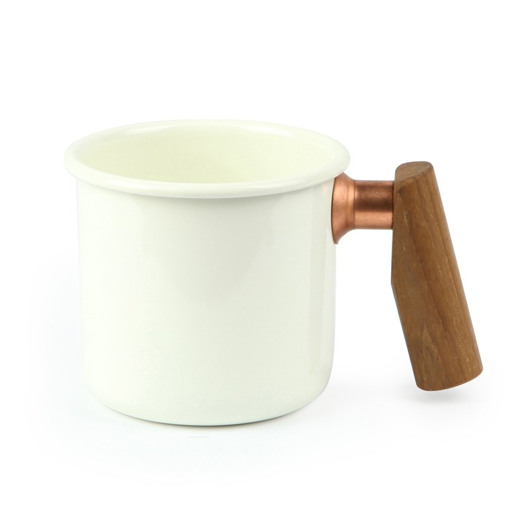 【定制化礼物】木柄 珐琅杯 400ml (月光白) - 咖啡杯/马克杯 - 珐琅 白色
