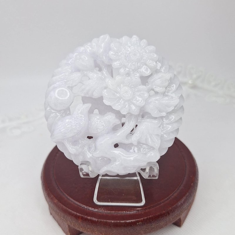 温润冰紫罗兰手工雕刻喜鹊喜上眉梢圆牌吊坠 |天然缅甸玉A货翡翠 - 项链 - 玉石 