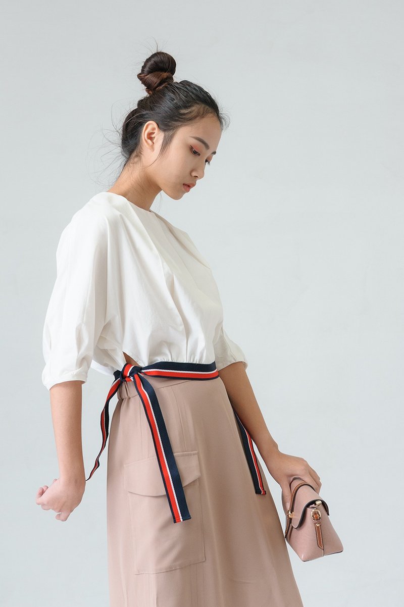 LANZONA 飘带系结连袖截短上衣 - 1A01 - 女装上衣 - 棉．麻 白色