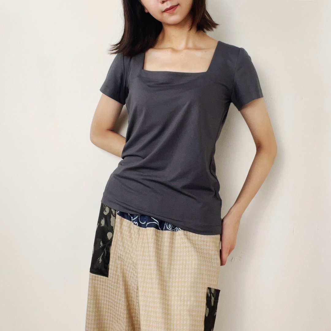 铁灰 - 方领短袖 #T1093M - 女装上衣 - 棉．麻 灰色