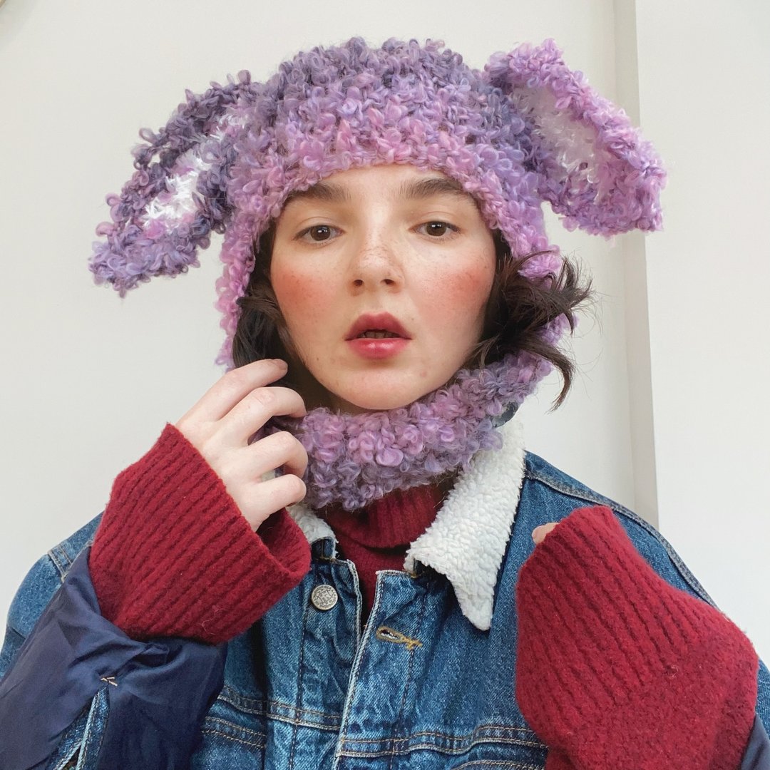 balaclava bunny with ears, knit mohair beanie, crochet balaclava - 帽子 - 羊毛 紫色