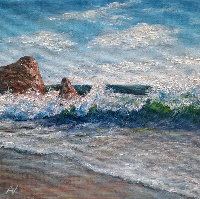 蓝海迷你油画，蔚蓝海岸原创艺术，海洋手作壁画 - 墙贴/壁贴 - 环保材料 多色