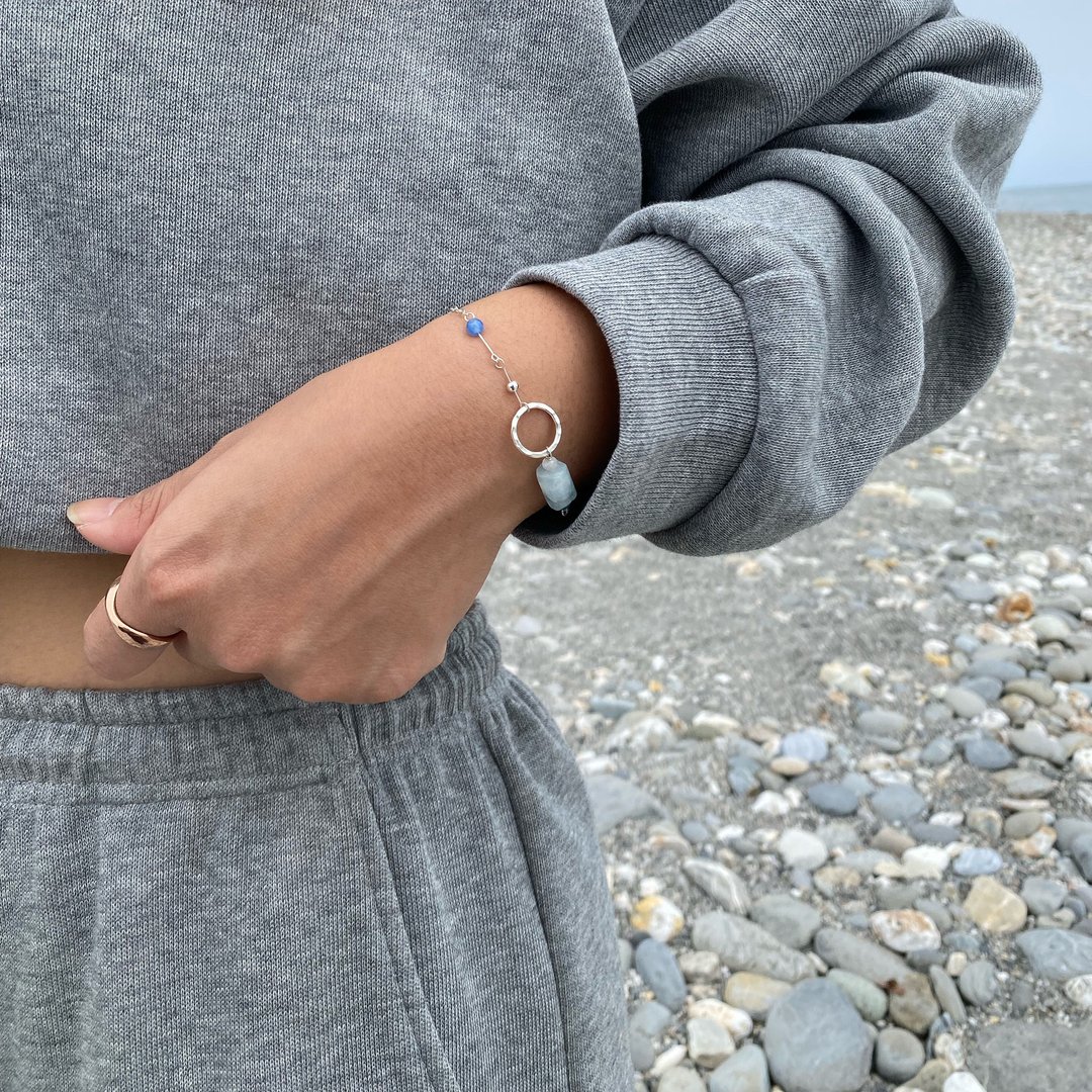 划过天际 纯银手链/天然石 海蓝宝 定制 - 手链/手环 - 纯银 银色