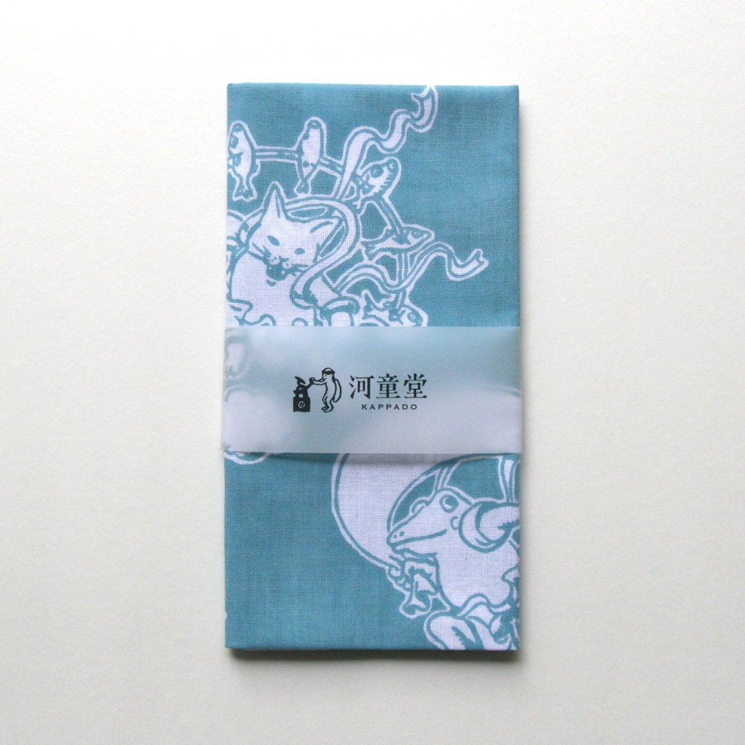 Cat and frog washcloth green bamboo color - 丝巾 - 棉．麻 蓝色