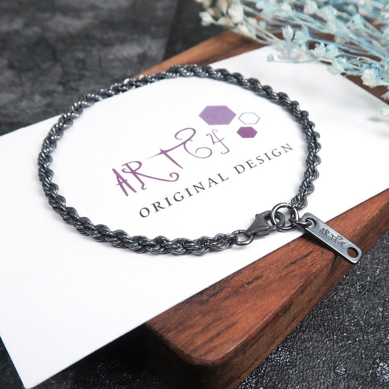 编织绳索手链 复古黑 (2.8mm中宽链) 925纯银刻字手链 - 手链/手环 - 纯银 黑色