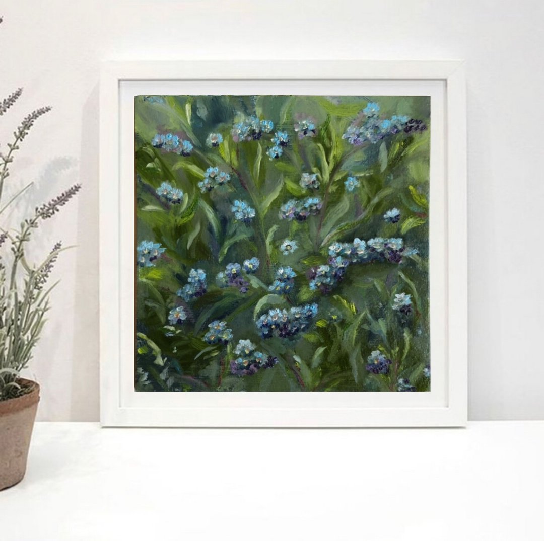 Flowers Forget-me-not original oil painting. Size 15x15 cm. Ready for ship. - 墙贴/壁贴 - 其他材质 绿色