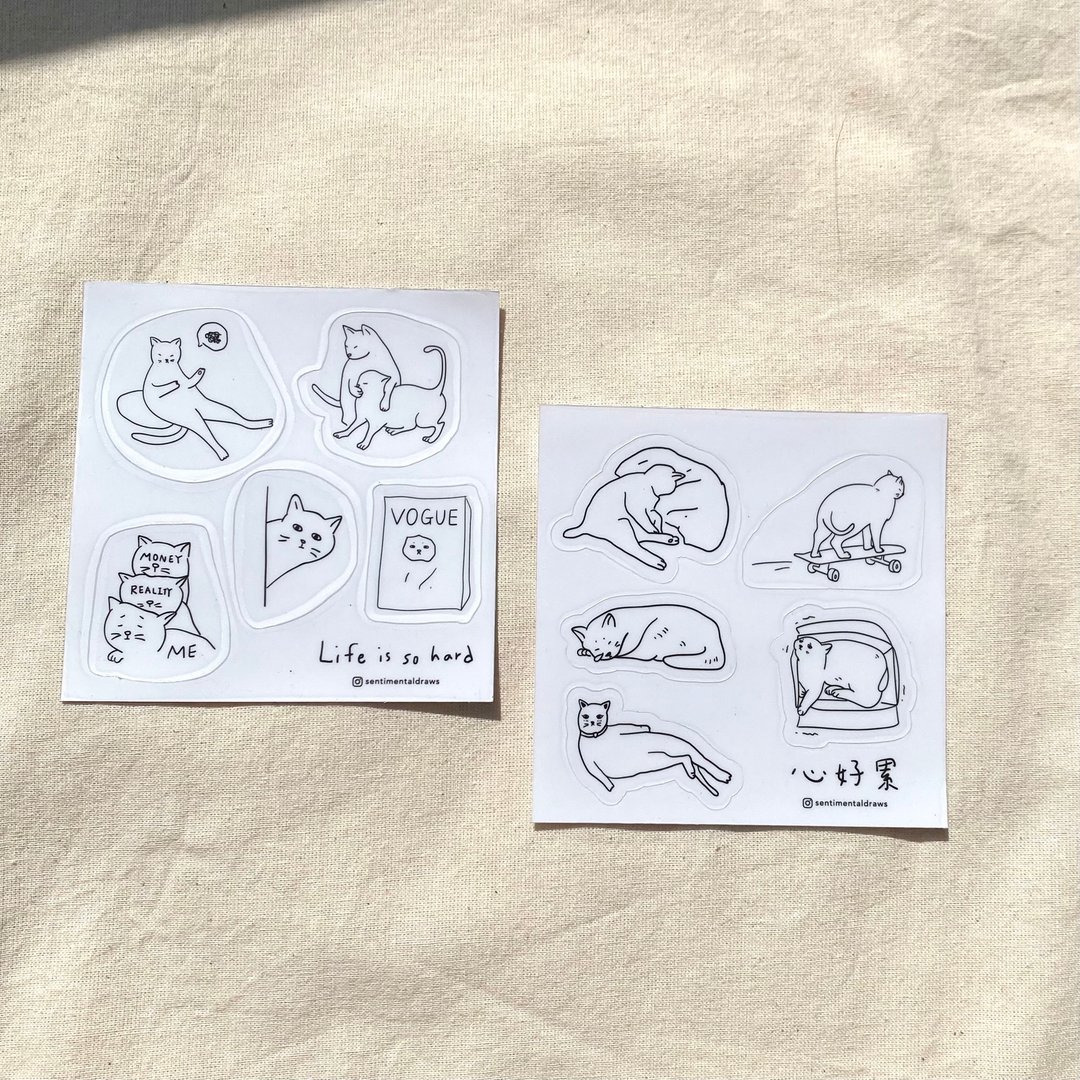 【Life is so hard 心好累猫猫透明贴纸】生日礼物/圣诞礼盒 - 贴纸 - 纸 