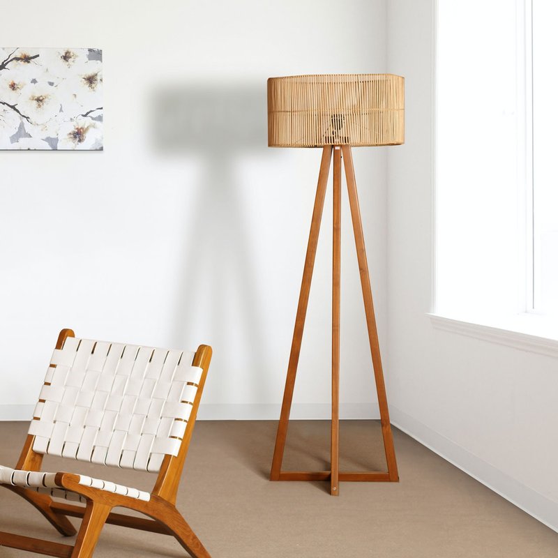 柚木立灯5 天然藤编灯罩 峇里岛休闲风家饰 落地式灯架 - 灯具/灯饰 - 木头 咖啡色