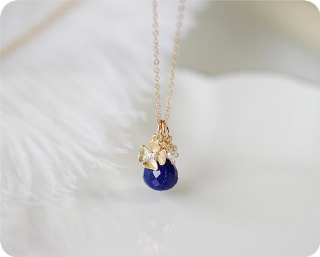 Lapis lazuli x Pearl x Flower 3way necklace December birthstone lucky success luck! - 项链 - 宝石 蓝色