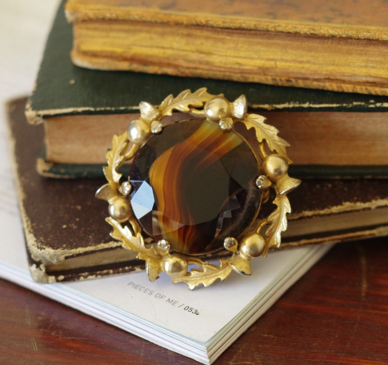 老又好古董珠宝 Vintage苏格兰蓟花咖啡宝石莱茵石圆形别针 - 胸针 - 其他金属 金色